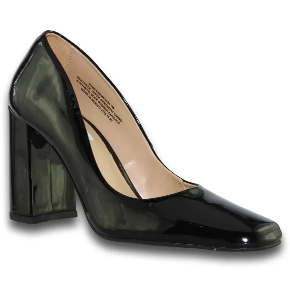 Steve Madden Black Patent Synthetic Leather Square Toe Chunky Block Heel Shoe 8M - Picture 1 of 7